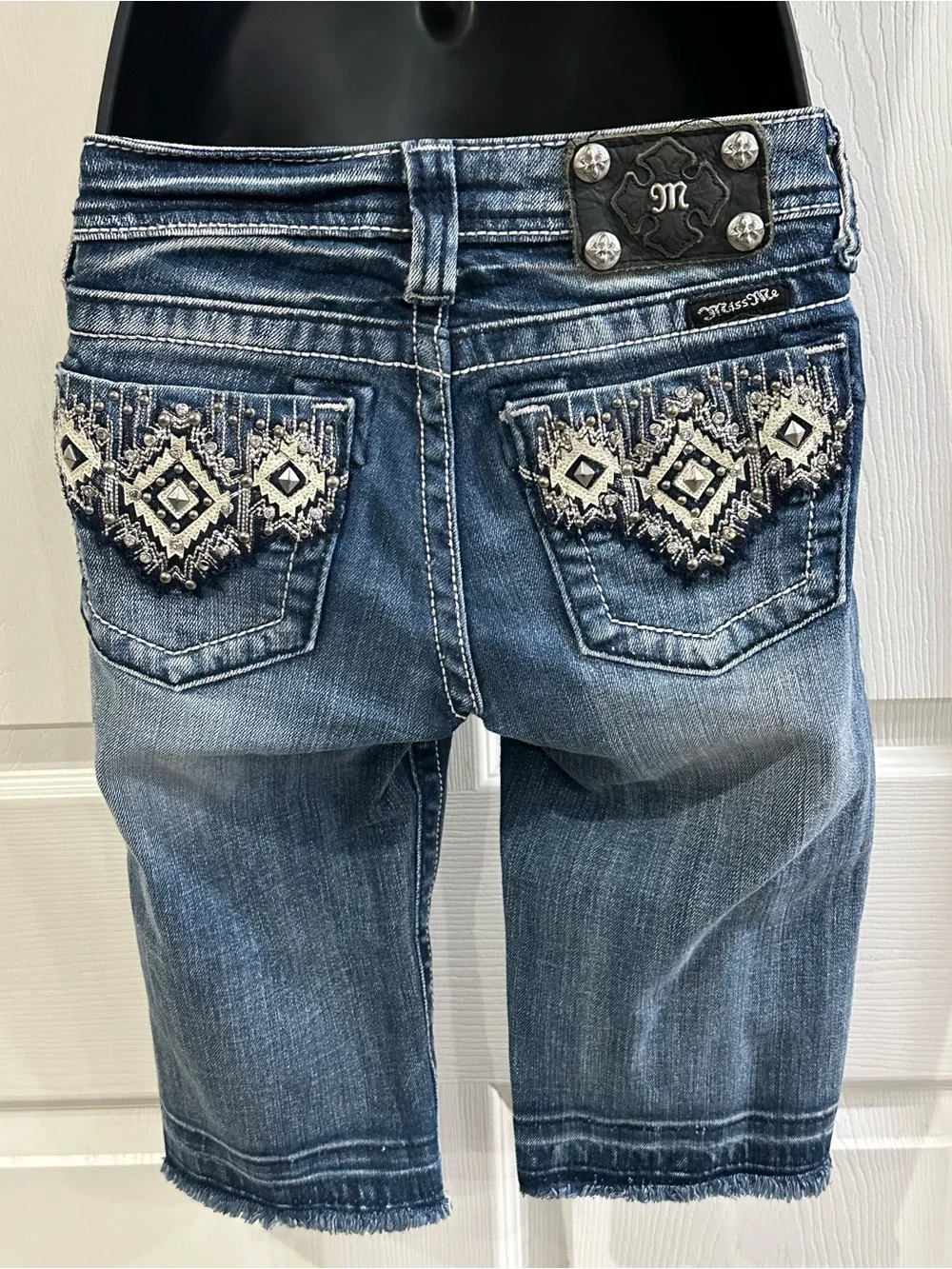 Miss Me Distressed Dark Blue Denim Bermuda Shorts